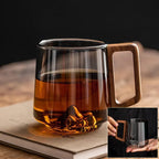 Guanshan Glass Drinking Cup – Single-Layer Large-Capacity Cup with Wooden Handle for Milk, Tea & Juice