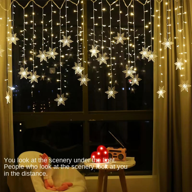 3.2M LED Snowflake Christmas Curtain Lights – Waterproof Flashing Fairy String Lights (8 Modes, Connectable) for Holiday, Party, Wedding & Xmas Decor