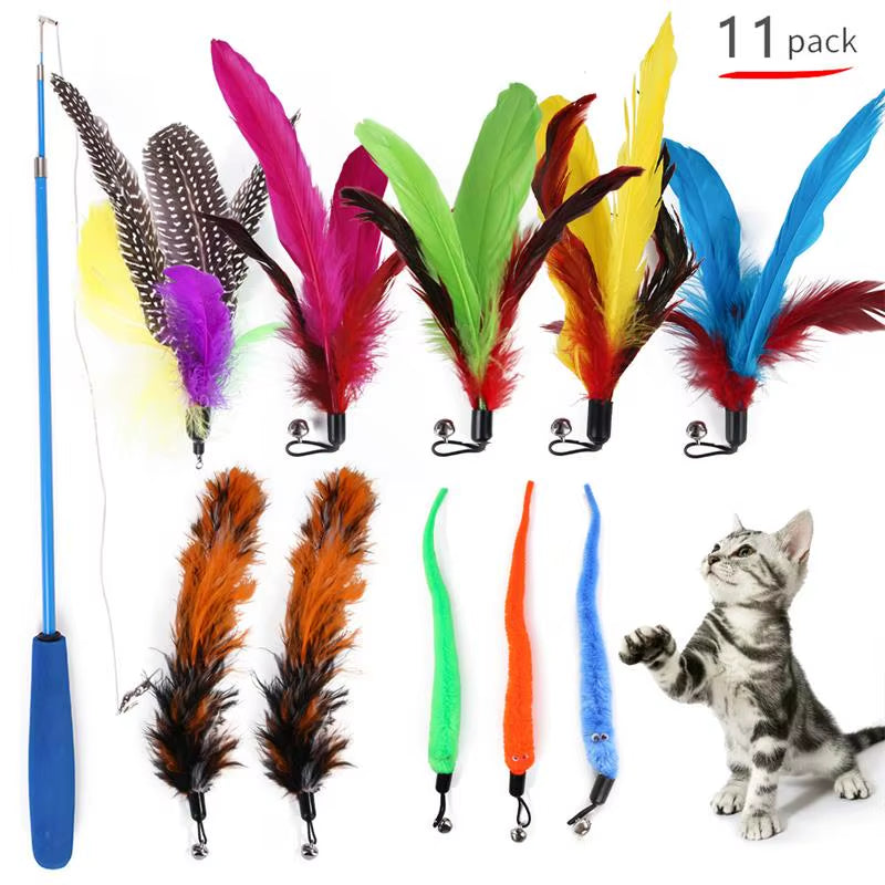 11-Piece Cat Feather Toy Replacement Set with Retractable Wand – Interactive Teaser Toys for Exercise, Training & Play