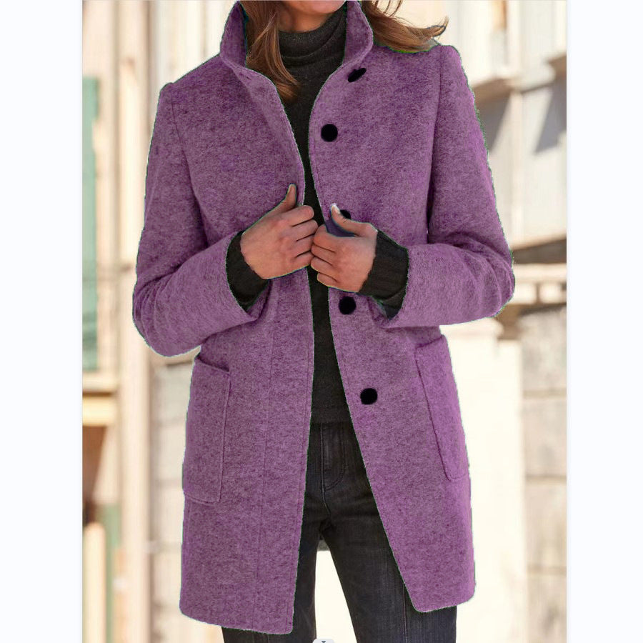 Women’s Fashion Stand Collar Woolen Coat – Slim Fit Casual Fall/Winter Button Outerwear with Pockets