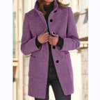 Women’s Fashion Stand Collar Woolen Coat – Slim Fit Casual Fall/Winter Button Outerwear with Pockets