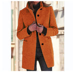 Women’s Fashion Stand Collar Woolen Coat – Slim Fit Casual Fall/Winter Button Outerwear with Pockets