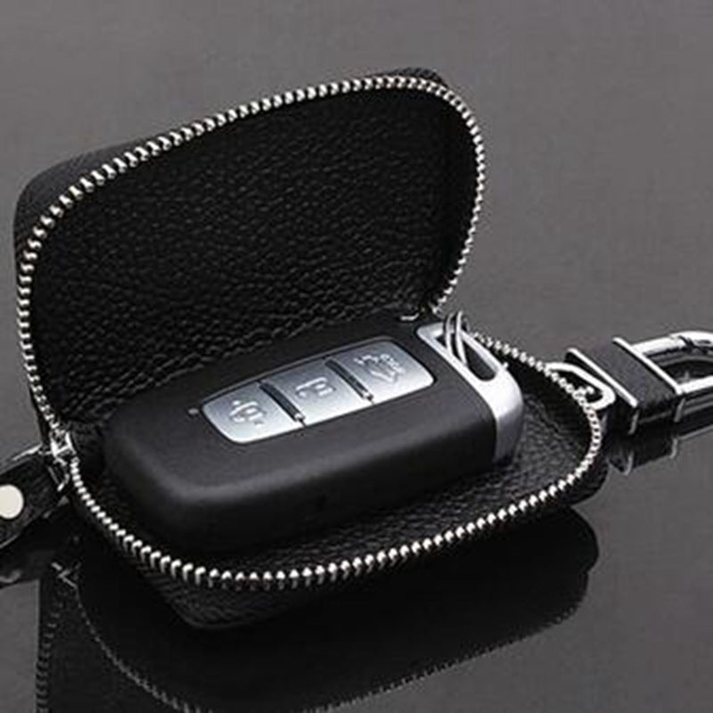 Car Litchi Grain Leather Key Case – 360° Rotating Zipper Key Holder for Universal Car Keys