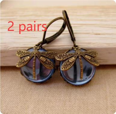 Vintage Dragonfly Drop Earrings – Gold Metal Carving with Multicolor Moonstone for Women