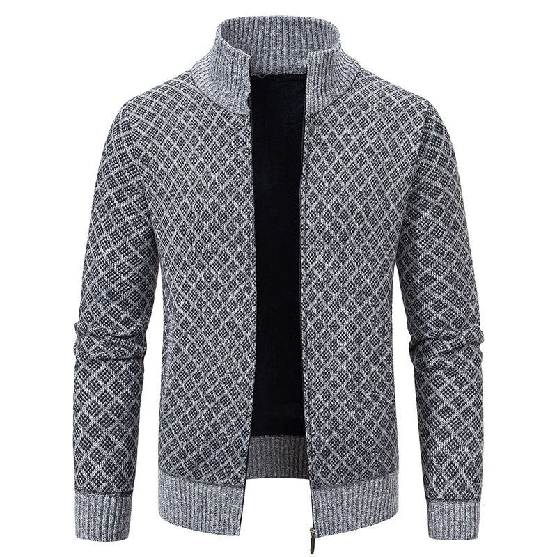 Men’s Thickened Plaid Print Jacket Cardigan – Slim Fit Zipper Stand Collar Sweater for Winter