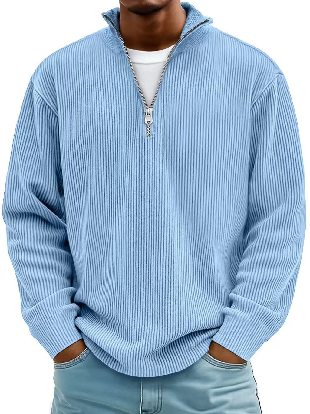 Men’s Corduroy Zipper Stand Collar Sweatshirt – Casual Solid Color Pullover Long Sleeve Top