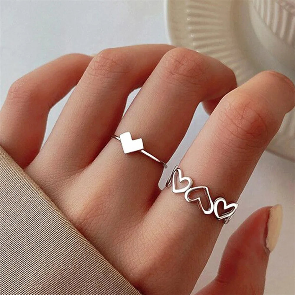 Silver Hollow Heart Ring Set – Adjustable Open Rings for Women & Girls | Cute Fashion Love Jewelry for Birthdays, Parties & Gifts