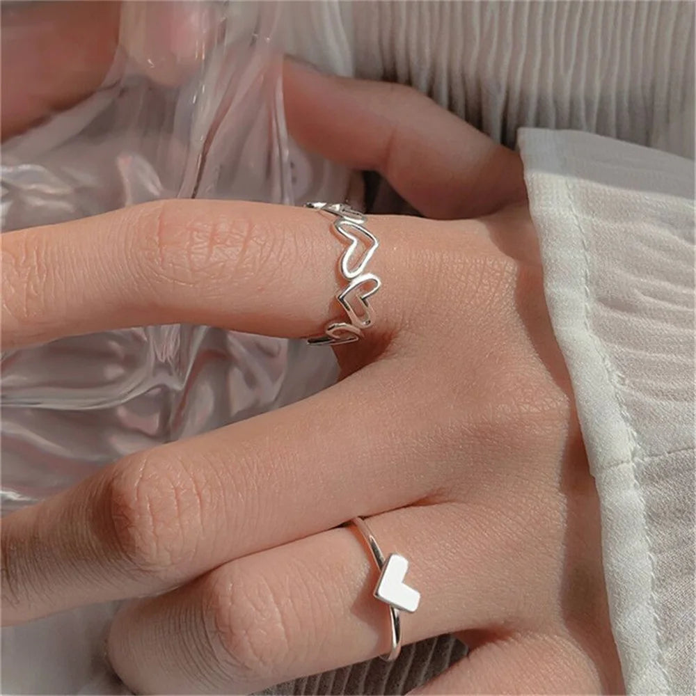 Silver Hollow Heart Ring Set – Adjustable Open Rings for Women & Girls | Cute Fashion Love Jewelry for Birthdays, Parties & Gifts