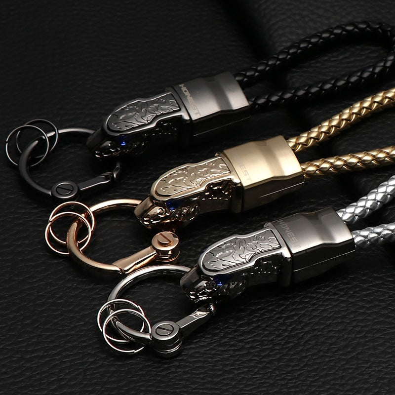 Braided Rope Leopard Head Keychain – Alloy Metal Key Ring for Men & Couples Pendant