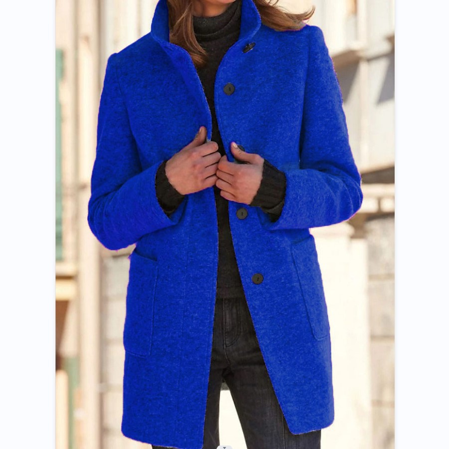 Women’s Fashion Stand Collar Woolen Coat – Slim Fit Casual Fall/Winter Button Outerwear with Pockets