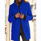 Women’s Fashion Stand Collar Woolen Coat – Slim Fit Casual Fall/Winter Button Outerwear with Pockets