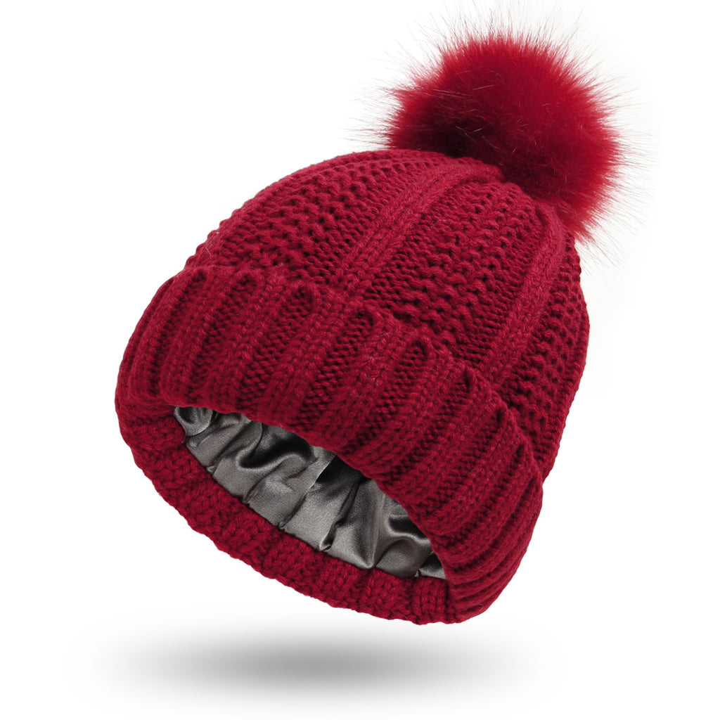 Winter Knitted Beanie Hat for Women – Stretchy Lined Skull Cap with Faux Fur Pom Pom