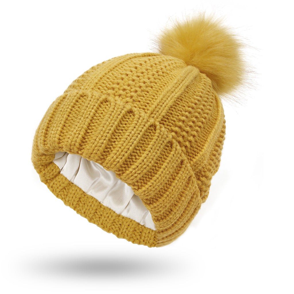 Winter Knitted Beanie Hat for Women – Stretchy Lined Skull Cap with Faux Fur Pom Pom