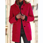 Women’s Fashion Stand Collar Woolen Coat – Slim Fit Casual Fall/Winter Button Outerwear with Pockets