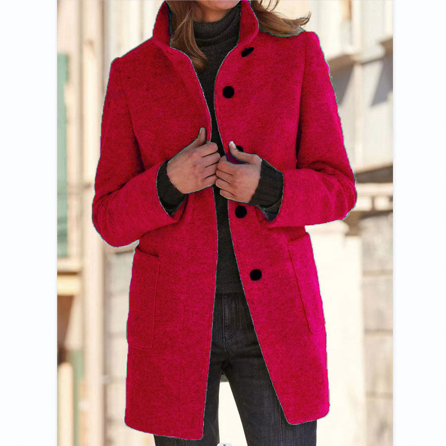 Women’s Fashion Stand Collar Woolen Coat – Slim Fit Casual Fall/Winter Button Outerwear with Pockets