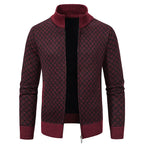 Men’s Thickened Plaid Print Jacket Cardigan – Slim Fit Zipper Stand Collar Sweater for Winter
