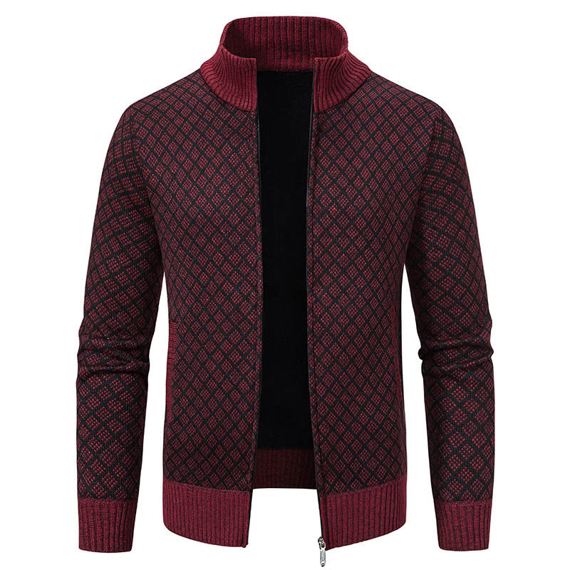 Men’s Thickened Plaid Print Jacket Cardigan – Slim Fit Zipper Stand Collar Sweater for Winter