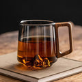 Guanshan Glass Drinking Cup – Single-Layer Large-Capacity Cup with Wooden Handle for Milk, Tea & Juice