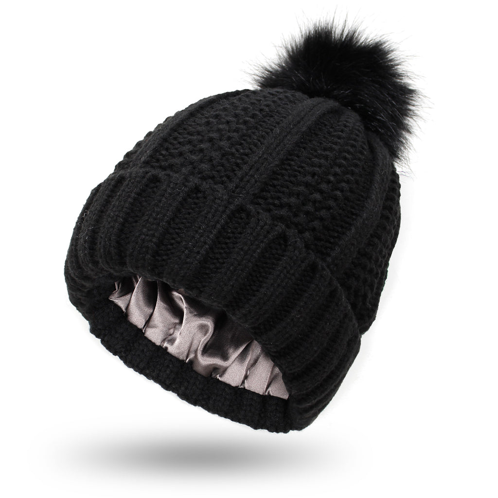 Winter Knitted Beanie Hat for Women – Stretchy Lined Skull Cap with Faux Fur Pom Pom