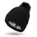 Winter Knitted Beanie Hat for Women – Stretchy Lined Skull Cap with Faux Fur Pom Pom