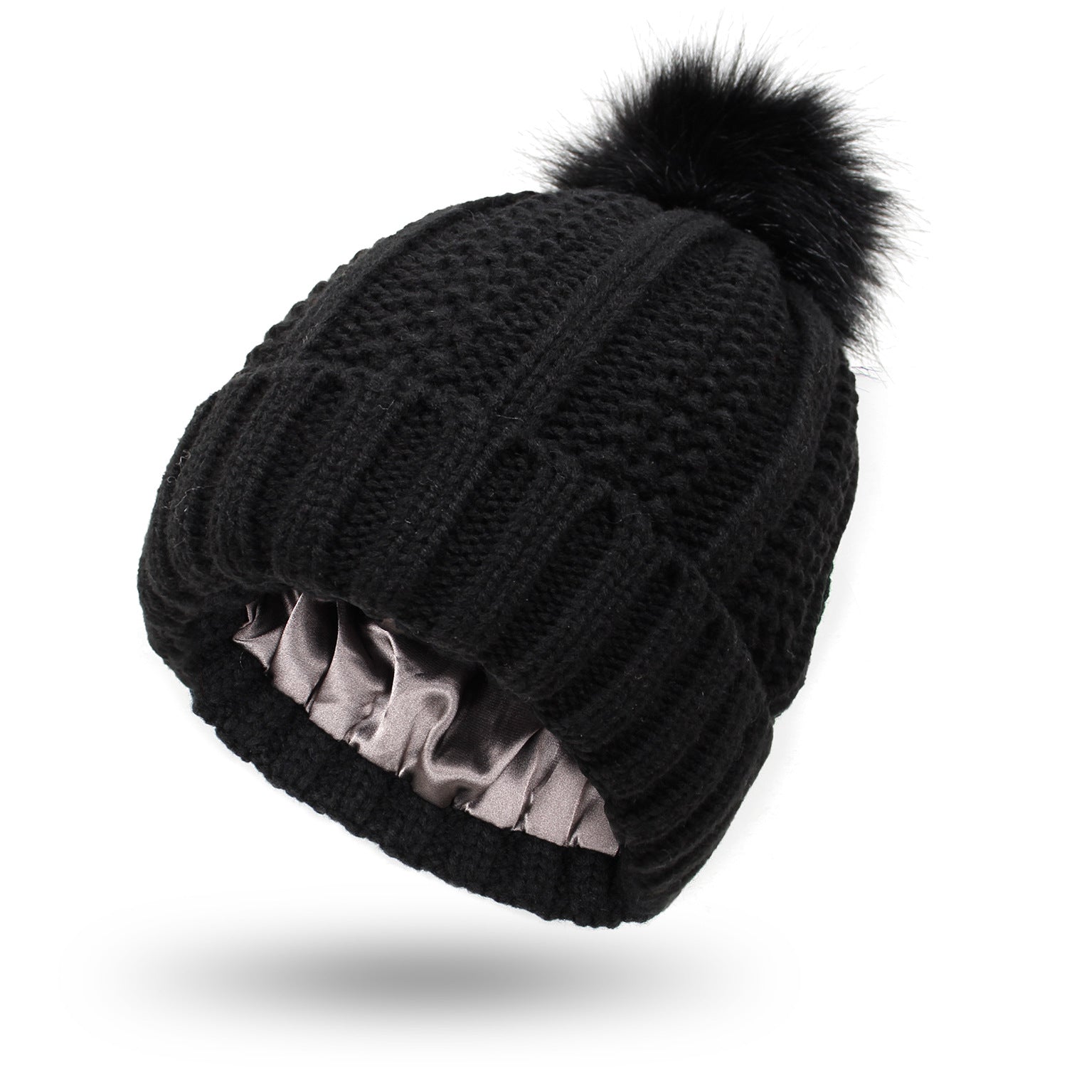 Winter Knitted Beanie Hat for Women – Stretchy Lined Skull Cap with Faux Fur Pom Pom