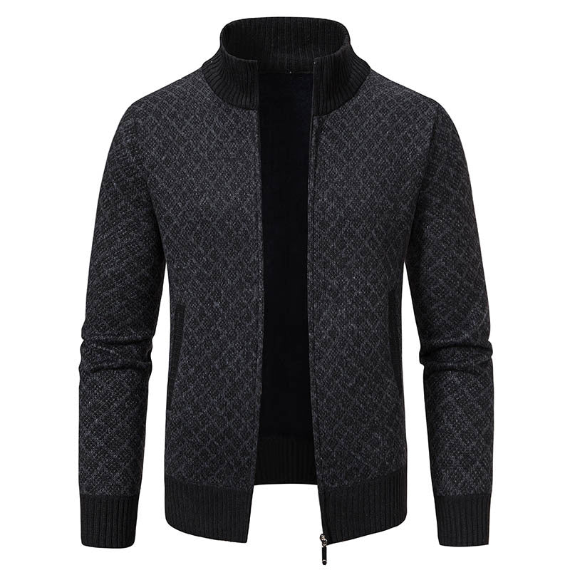 Men’s Thickened Plaid Print Jacket Cardigan – Slim Fit Zipper Stand Collar Sweater for Winter