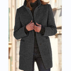 Women’s Fashion Stand Collar Woolen Coat – Slim Fit Casual Fall/Winter Button Outerwear with Pockets