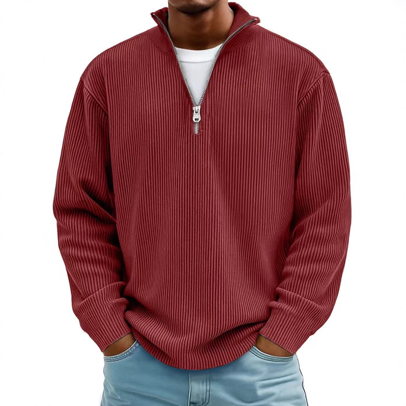 Men’s Corduroy Zipper Stand Collar Sweatshirt – Casual Solid Color Pullover Long Sleeve Top