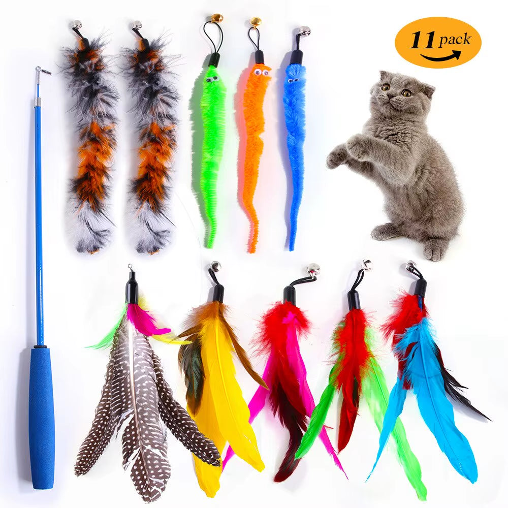 11-Piece Cat Feather Toy Replacement Set with Retractable Wand – Interactive Teaser Toys for Exercise, Training & Play