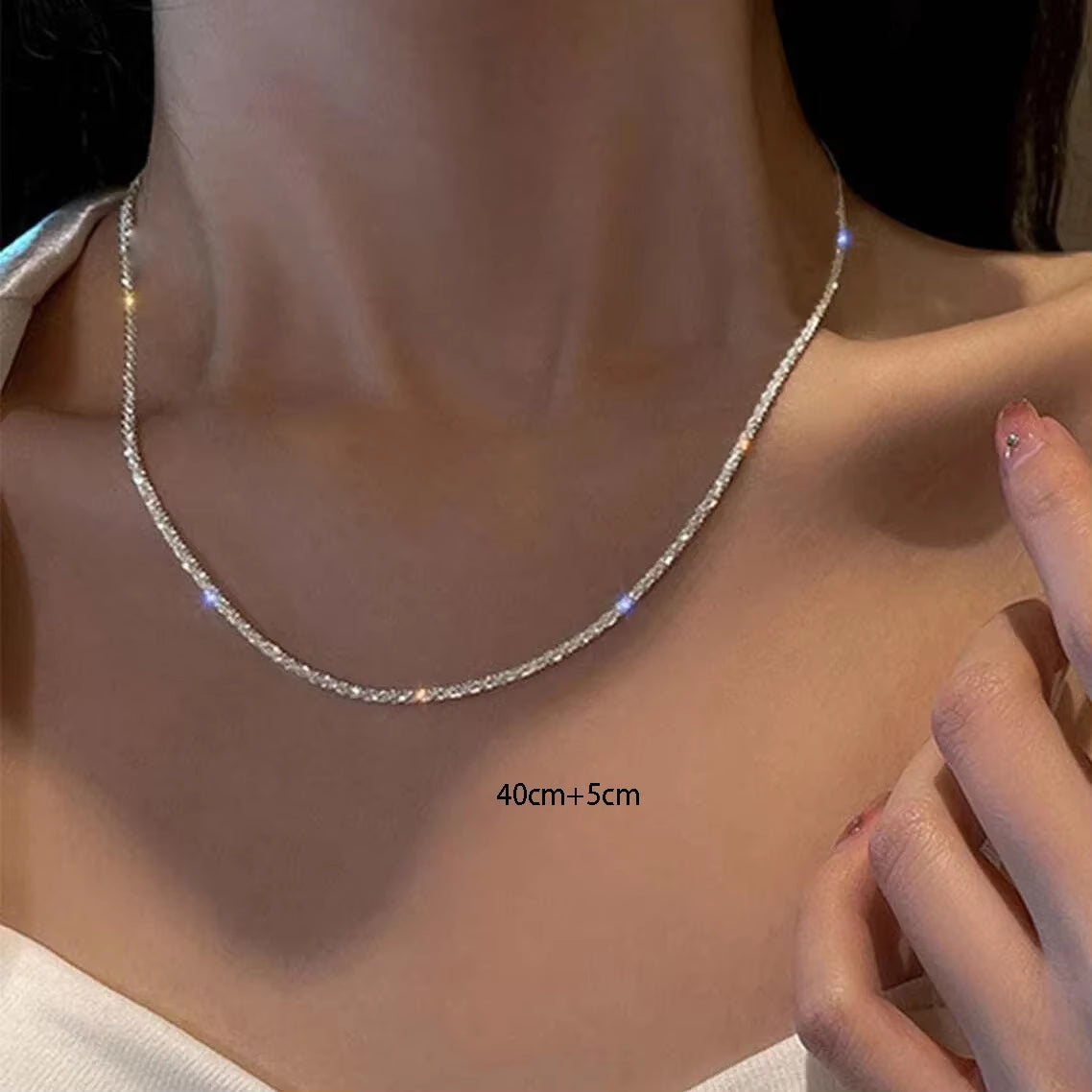 Silver Sparkling Necklace for Women – Trendy Clavicle Chain Choker | Korean Wedding & Party Jewelry Accessory