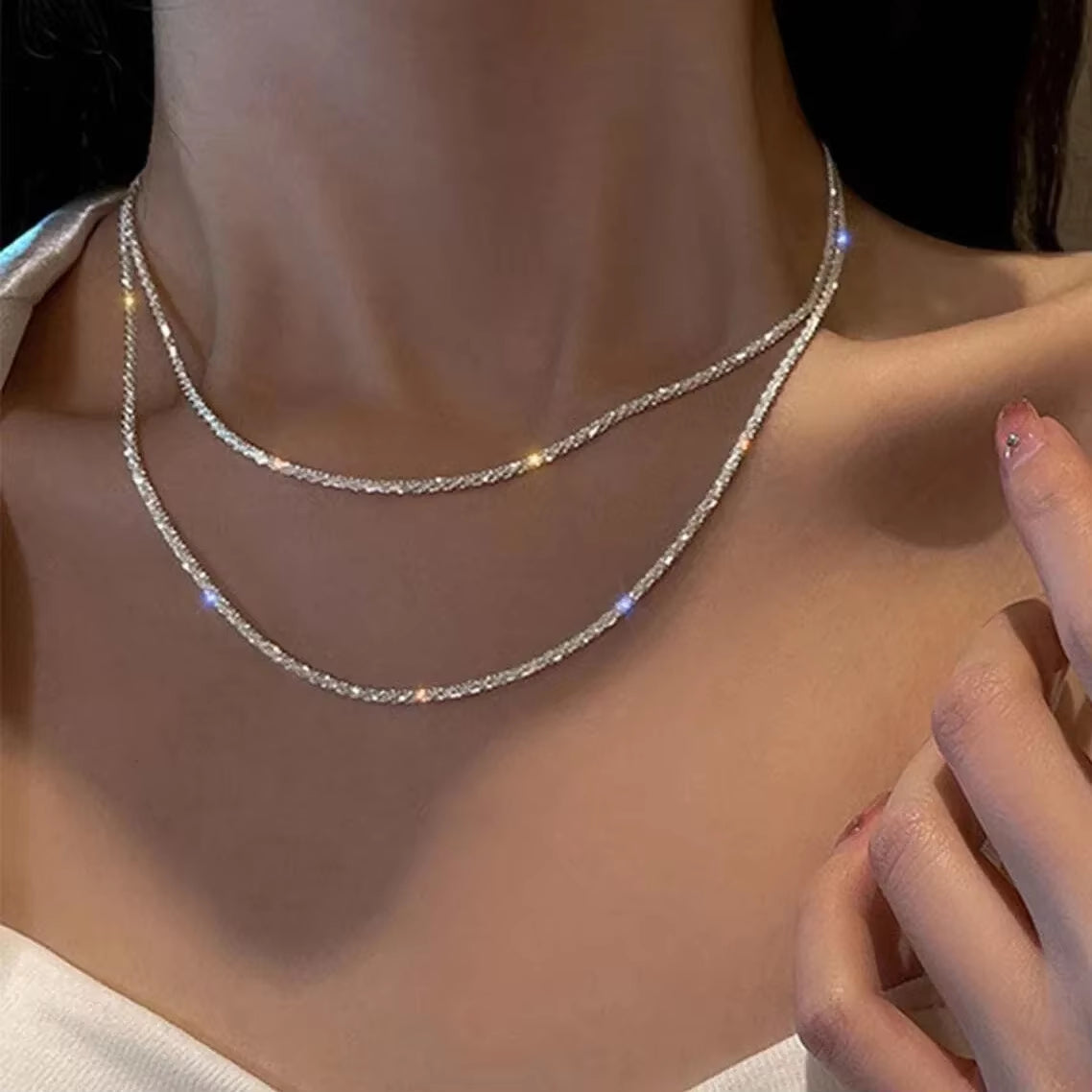 Silver Sparkling Necklace for Women – Trendy Clavicle Chain Choker | Korean Wedding & Party Jewelry Accessory