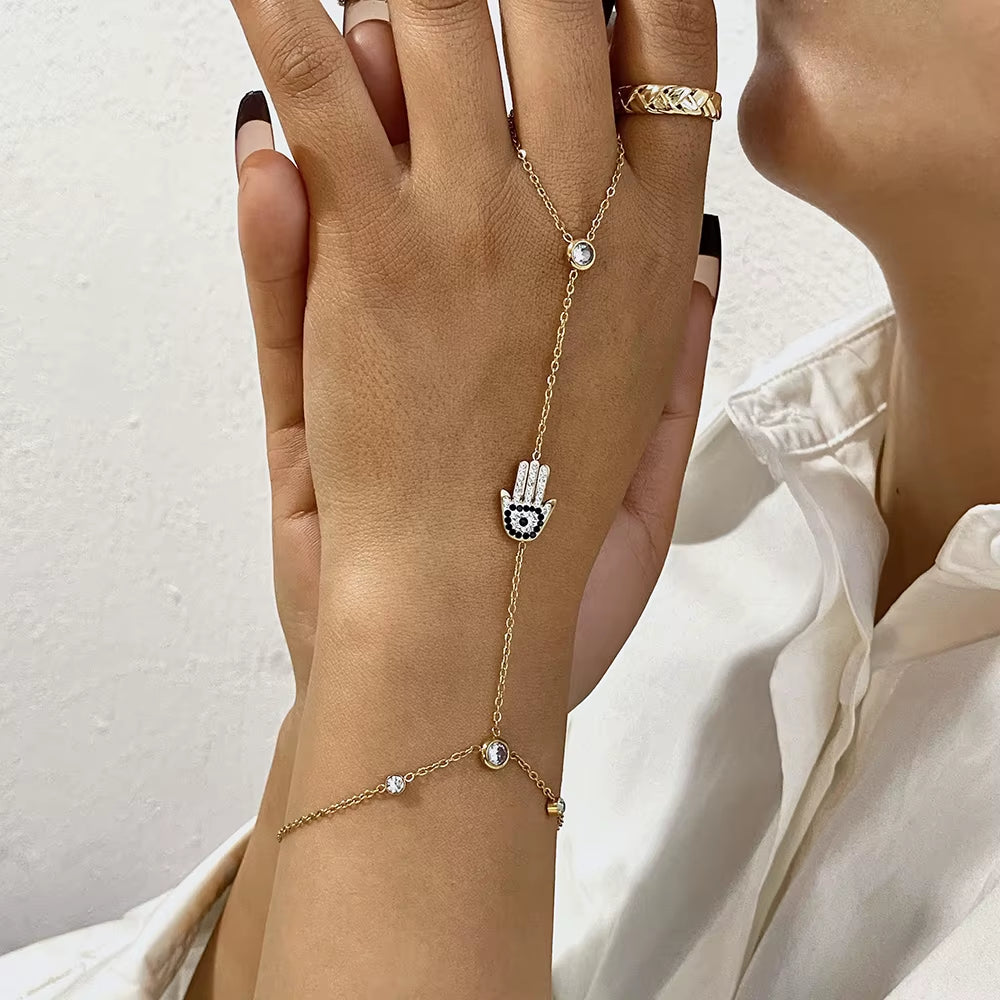 Devil’s Eye Palm Zircon Bracelet for Women – Stainless Steel Link Hand Harness & Finger Ring Jewelry | Elegant Multi-Layered Gold & Silver Bracelet