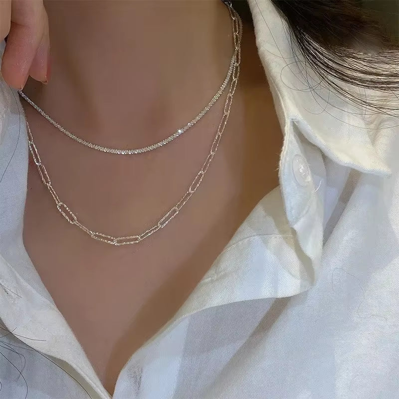 Silver Sparkling Necklace for Women – Trendy Clavicle Chain Choker | Korean Wedding & Party Jewelry Accessory