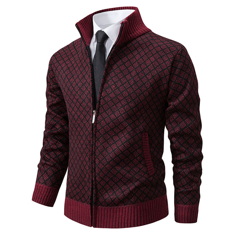 Men’s Thickened Plaid Print Jacket Cardigan – Slim Fit Zipper Stand Collar Sweater for Winter