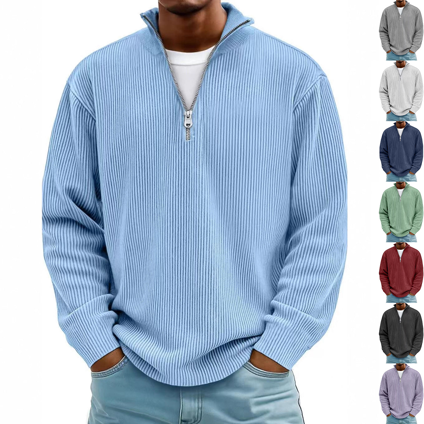Men’s Corduroy Zipper Stand Collar Sweatshirt – Casual Solid Color Pullover Long Sleeve Top