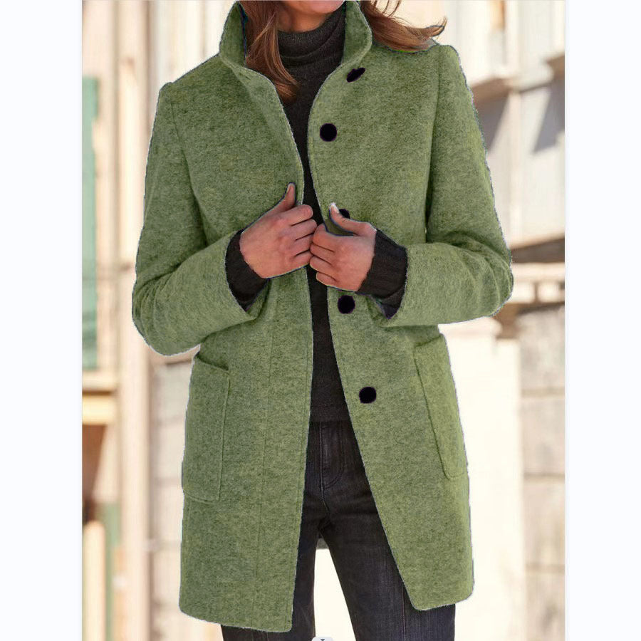 Women’s Fashion Stand Collar Woolen Coat – Slim Fit Casual Fall/Winter Button Outerwear with Pockets