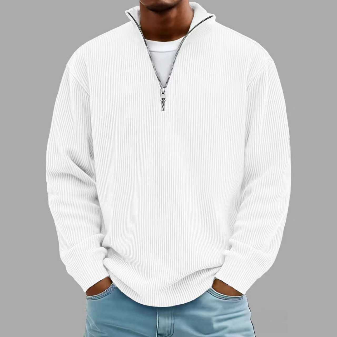 Men’s Corduroy Zipper Stand Collar Sweatshirt – Casual Solid Color Pullover Long Sleeve Top