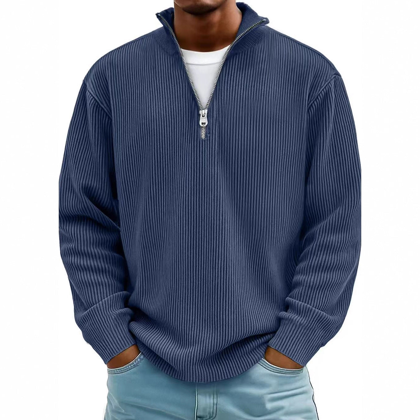 Men’s Corduroy Zipper Stand Collar Sweatshirt – Casual Solid Color Pullover Long Sleeve Top