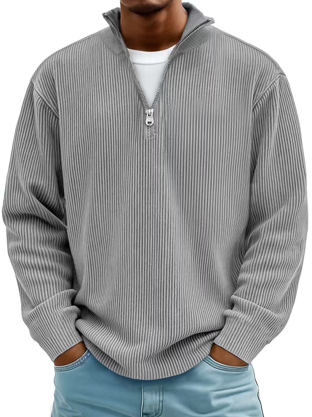 Men’s Corduroy Zipper Stand Collar Sweatshirt – Casual Solid Color Pullover Long Sleeve Top