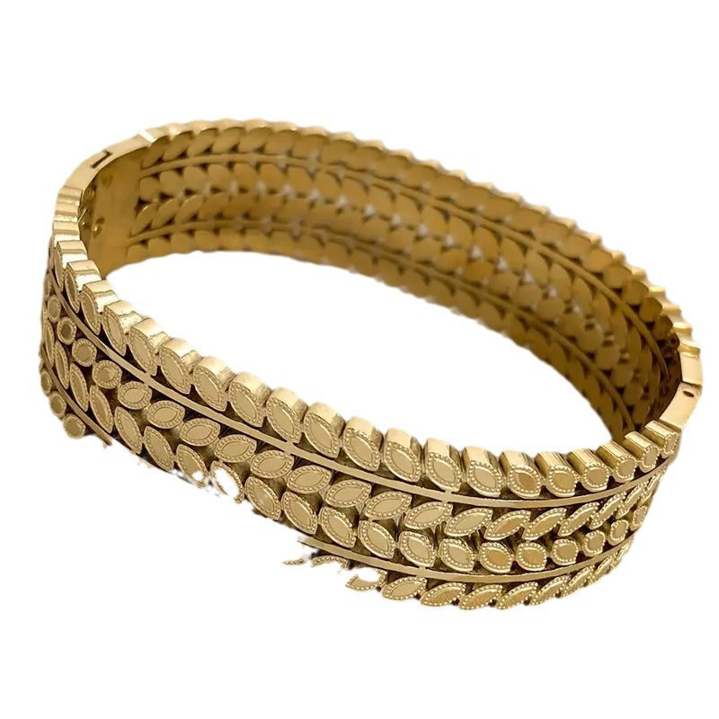 Bohemian Leaf Wide-Opening Stainless Steel Bracelet – Light Luxury Electroplated Cuff for Women