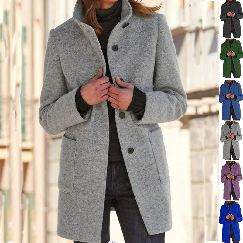 Women’s Fashion Stand Collar Woolen Coat – Slim Fit Casual Fall/Winter Button Outerwear with Pockets