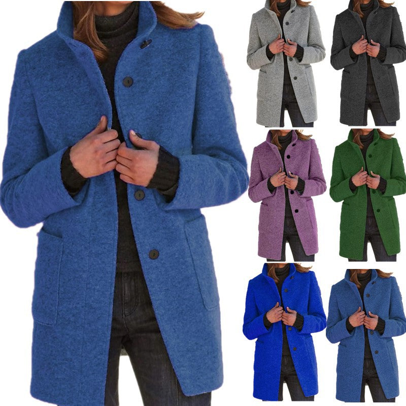 Women’s Fashion Stand Collar Woolen Coat – Slim Fit Casual Fall/Winter Button Outerwear with Pockets