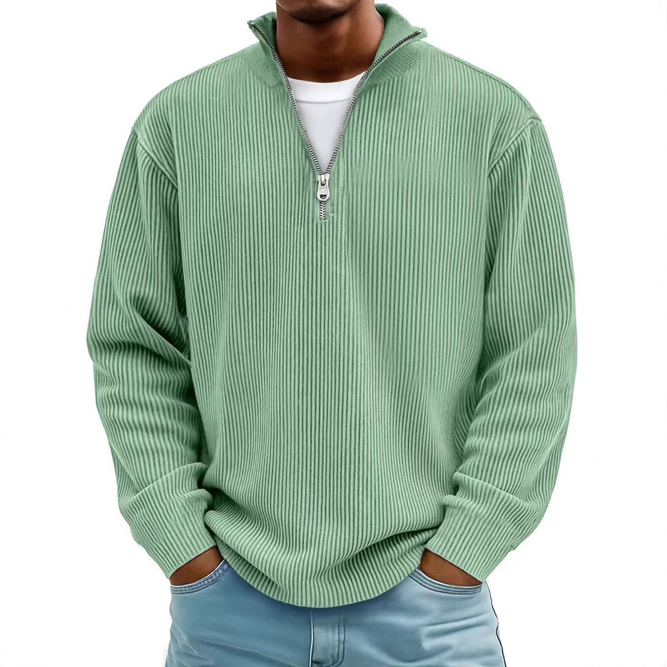 Men’s Corduroy Zipper Stand Collar Sweatshirt – Casual Solid Color Pullover Long Sleeve Top